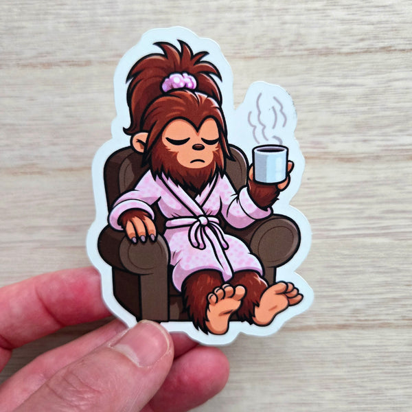 Morning Coffee Bigfoot Sticker - Funny Sasquatch Grumpy Mood Vinyl Decal Glossy or Matte Finish