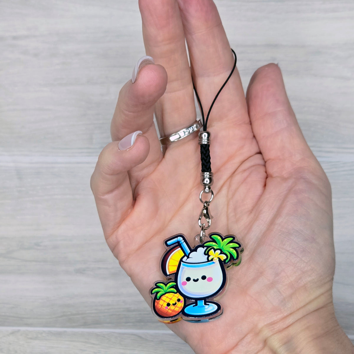 Pina Colada Acrylic Phone Charm with Mini Black Braided Lanyard Strap - 38mm (1.5")