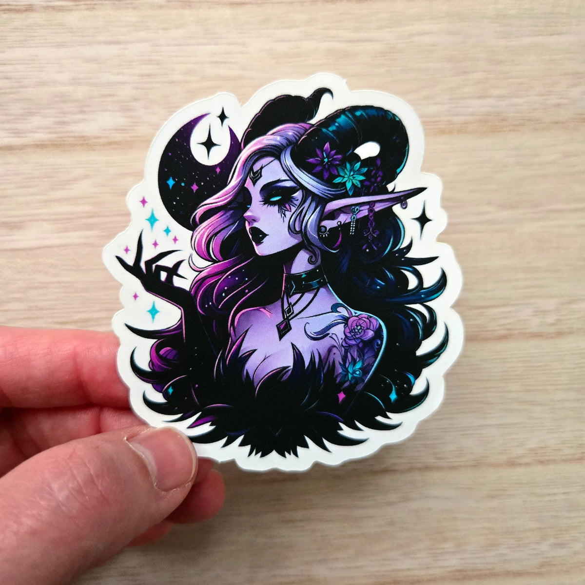 Dark Fantasy Witch Vinyl Sticker - Purple Gothic Fairy with Horns (With or Without Border)