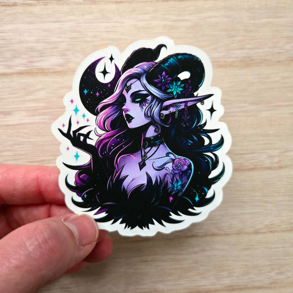 Dark Fantasy Witch Vinyl Sticker - Purple Gothic Fairy with Horns (With or Without Border)