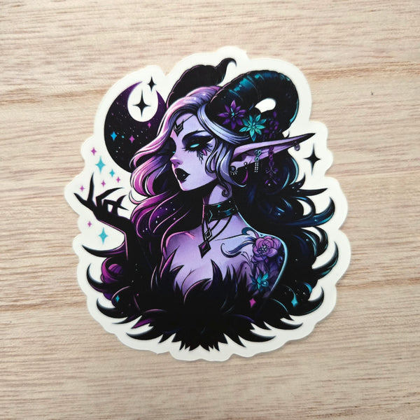 Dark Fantasy Witch Vinyl Sticker - Purple Gothic Fairy with Horns (With or Without Border)