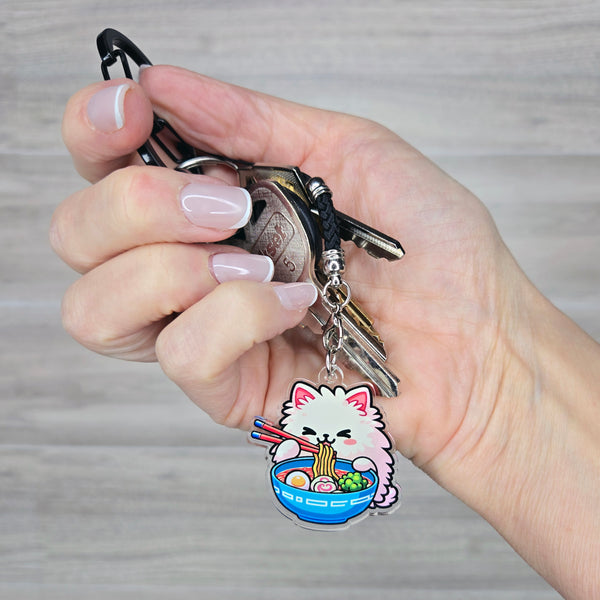 Ramen Cat Acrylic Phone Charm with Mini Black Braided Lanyard Strap - 38mm (1.5")