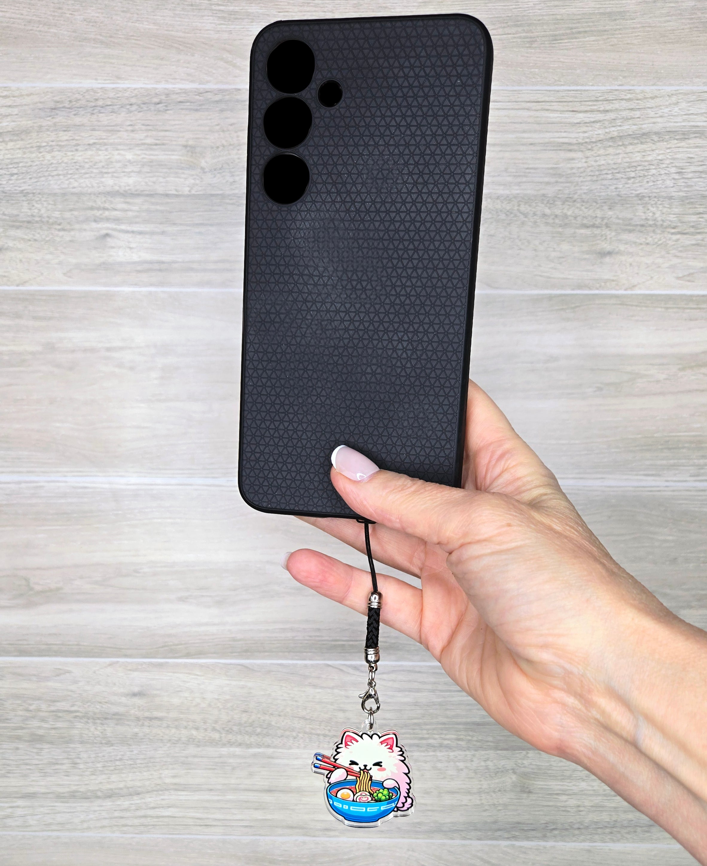 Ramen Cat Acrylic Phone Charm with Mini Black Braided Lanyard
