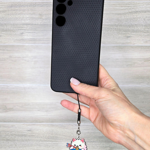 Ramen Cat Acrylic Phone Charm with Mini Black Braided Lanyard Strap - 38mm (1.5")