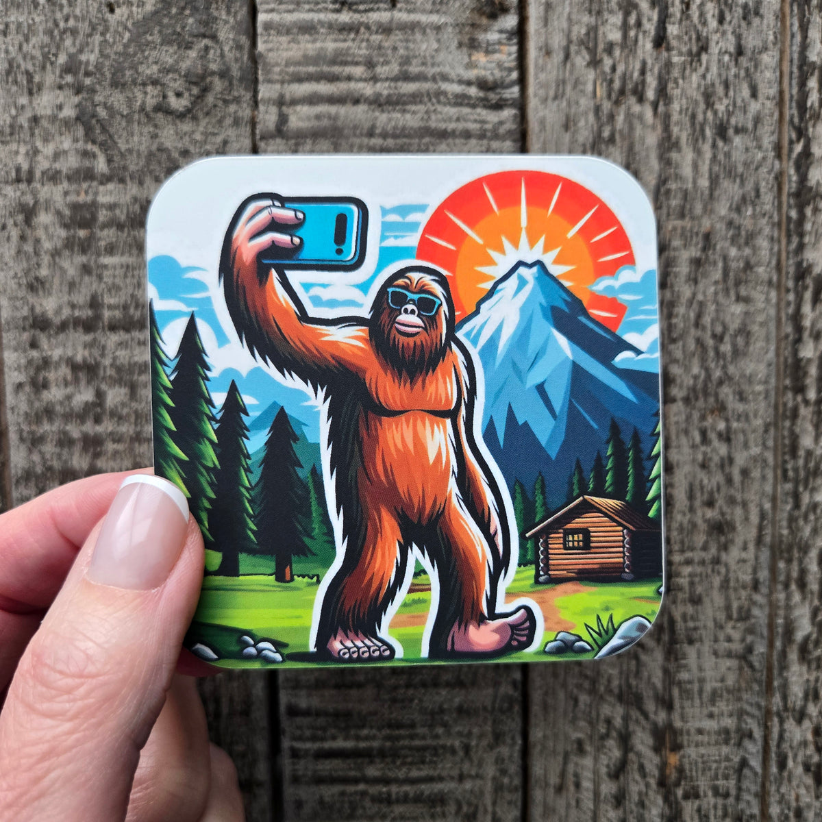 Selfie Sasquatch Mountain Adventure Vinyl Sticker - Bigfoot Decal