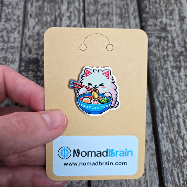 Ramen Cat Metal Pin - Kawaii Cat with Noodles Decorative Badge