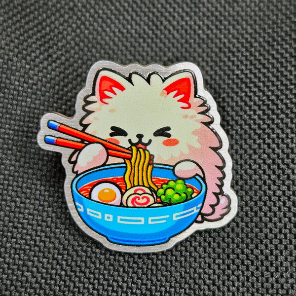 Ramen Cat Metal Pin - Kawaii Cat with Noodles Decorative Badge
