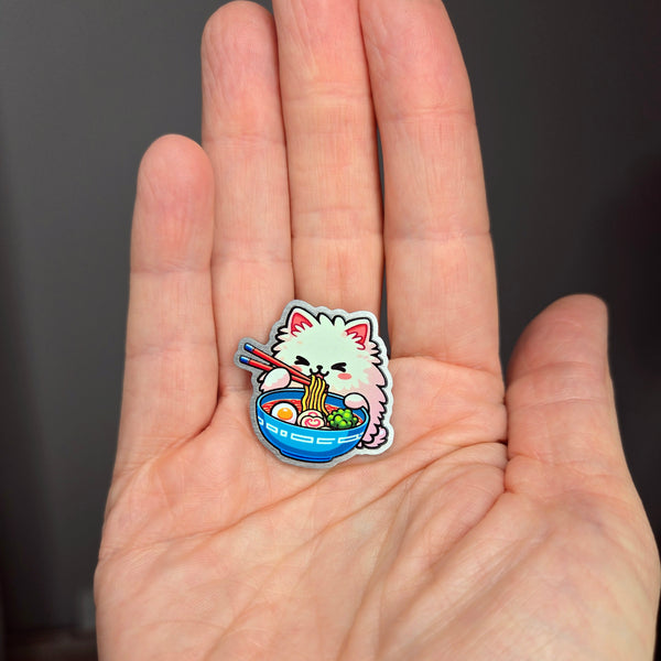 Ramen Cat Metal Pin - Kawaii Cat with Noodles Decorative Badge
