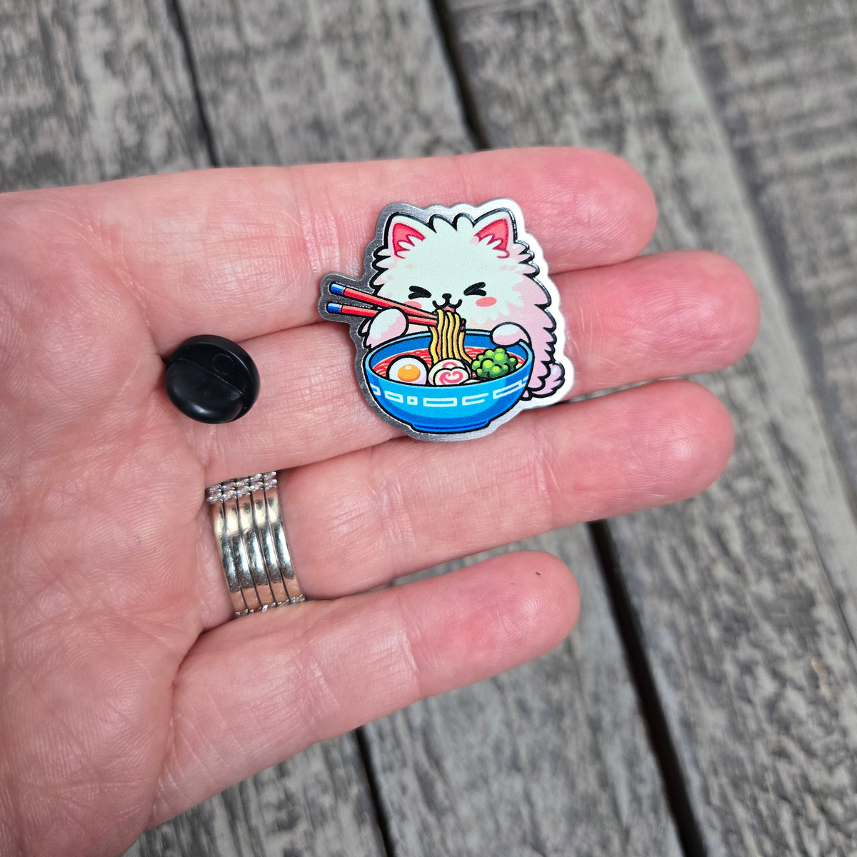 Ramen Cat Metal Pin - Kawaii Cat with Noodles Decorative Badge