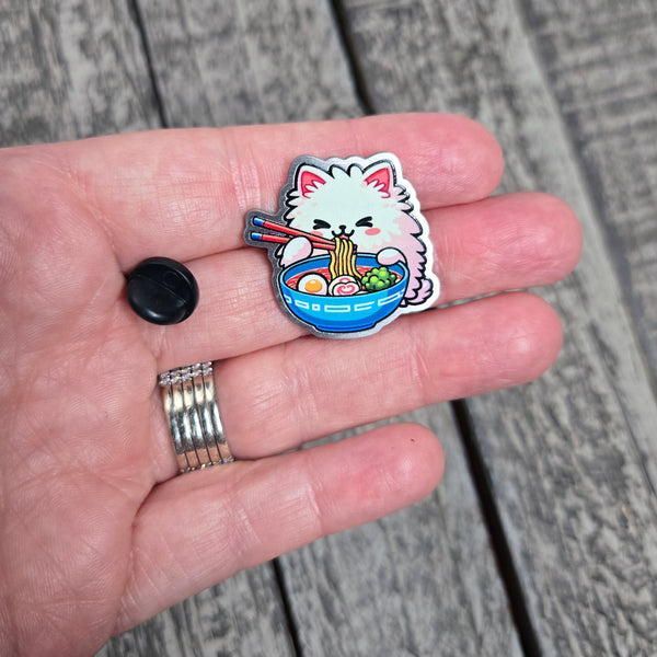 Ramen Cat Metal Pin - Kawaii Cat with Noodles Decorative Badge