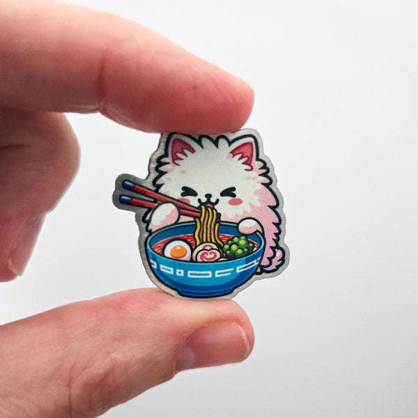 Ramen Cat Metal Pin - Kawaii Cat with Noodles Decorative Badge