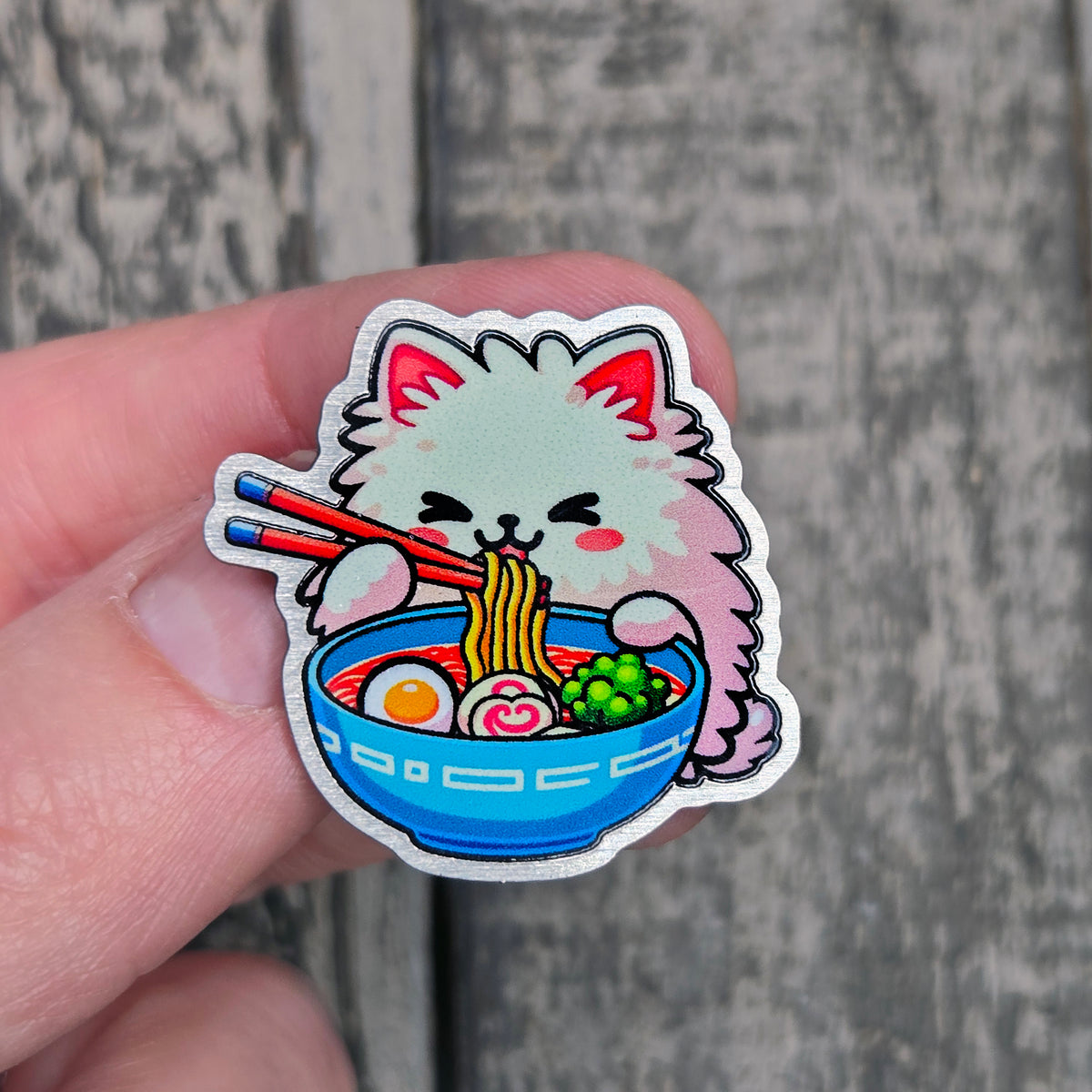Ramen Cat Metal Pin - Kawaii Cat with Noodles Decorative Badge